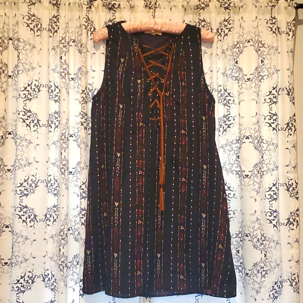 navy dress with suede tie front